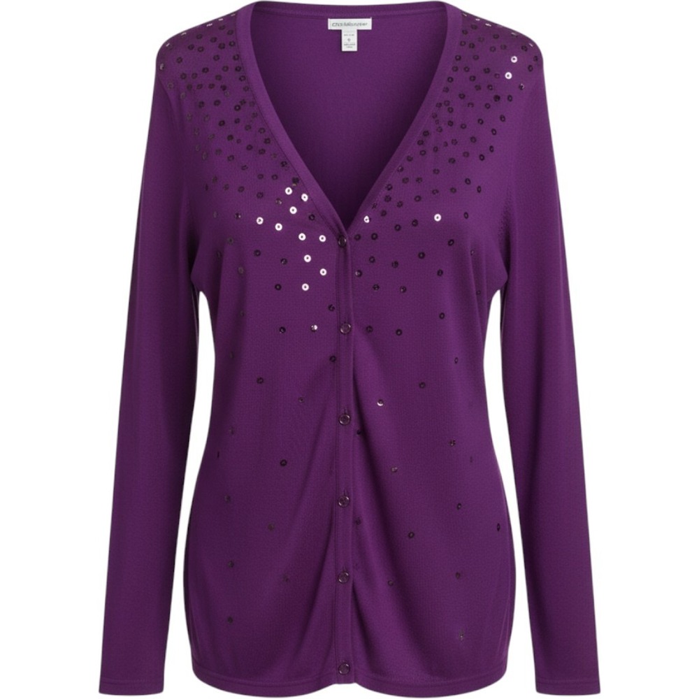 Croft & Barrow Womens Purple Sequin V-Neck Button Front Cardigan Sweater Size 1X
